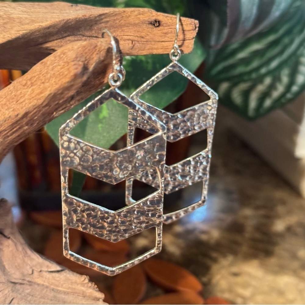 Silver Geometric Chevron Drop Earrings